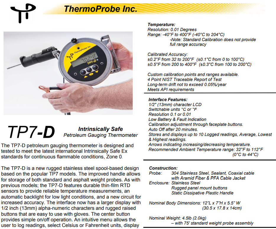 ThermoProbe TP7-D, Portable Gauging Thermometer