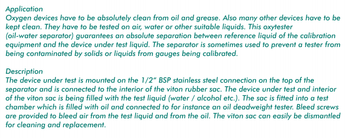 세인교정기기(주) - 제품소개 - 3. 압력측정교정기 - ⑥ 분동식 압력교정기 Oil/Water Separator-Oxytester  for DWT Oxytester