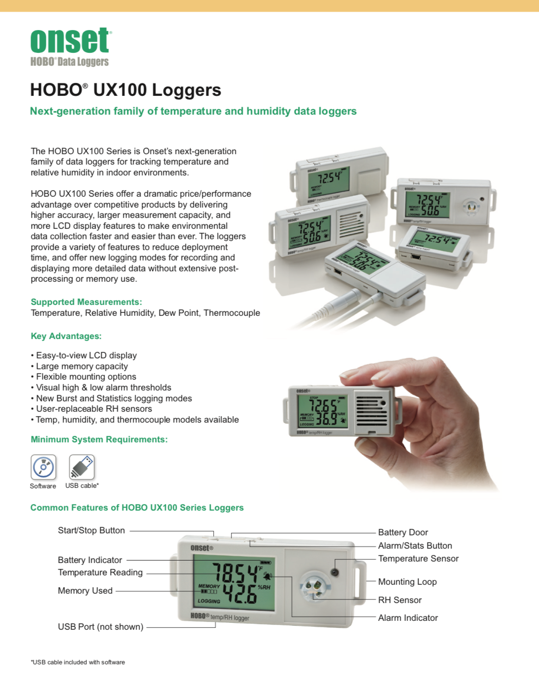 세인교정기기(주) 제품소개 4. 노점,온습도,산소 ⑥ 온습도 기압데이터로거 HOBO UX100 External