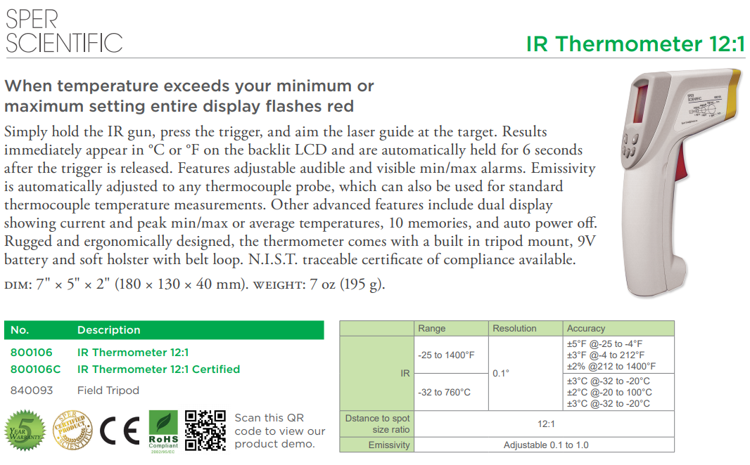 Sper Scientific 800106 12:1 IR Thermometer Gun